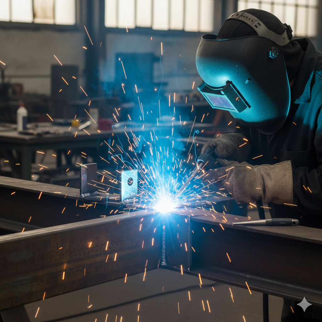 Saldatore con maschera protettiva che esegue saldatura con elettrodo rivestito su struttura metallica con scintille e arco elettrico