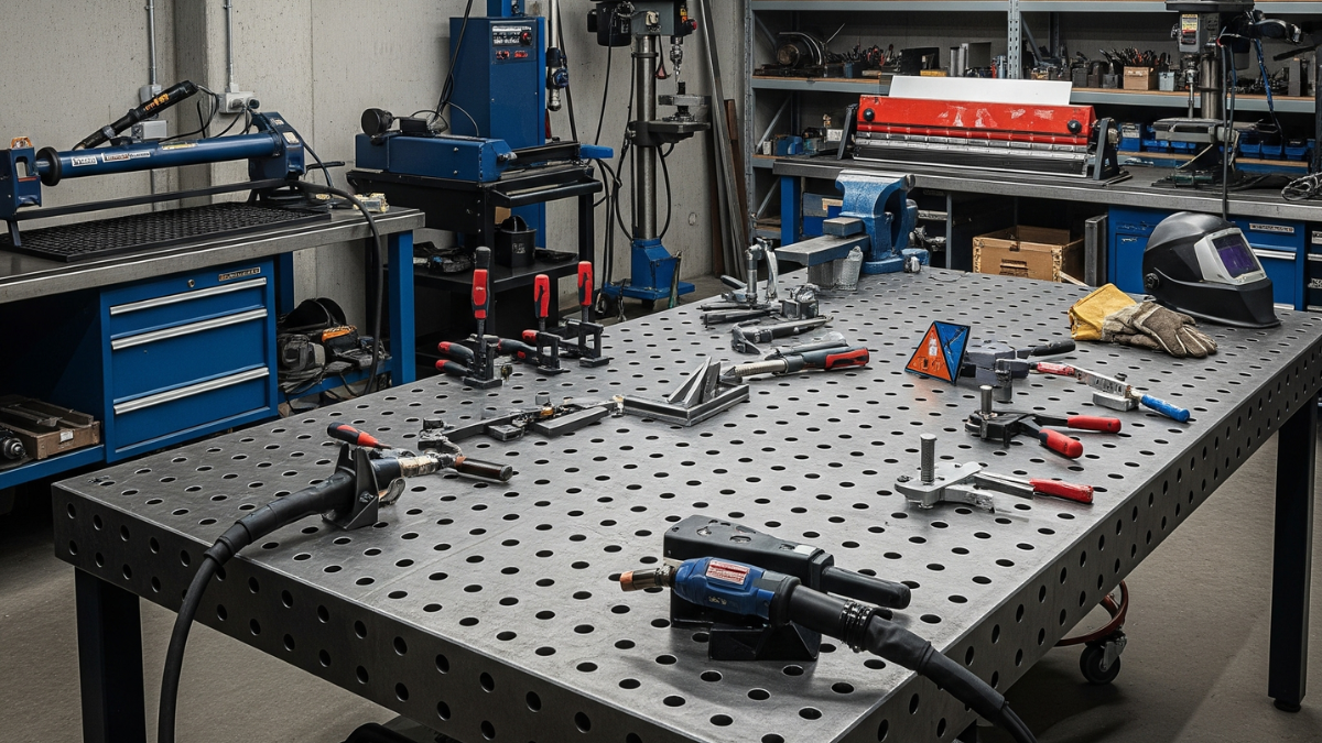 Tavolo da saldatura professionale con superficie forata in moderna officina industriale, strumenti di precisione e attrezzature specializzate