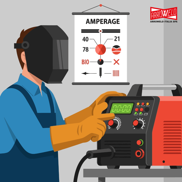 Operatore che imposta i parametri di saldatura su un display digitale della macchina.