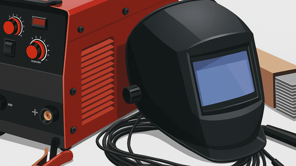 Diverse attrezzature per saldatura disposte su tavolo da lavoro professionale